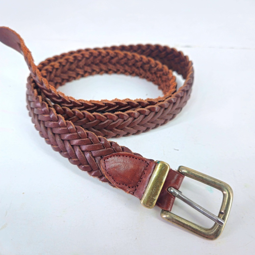 Vintage Women's Brown Braided Leather Belt Brass Buckle Boho Woven 32"×1" boho